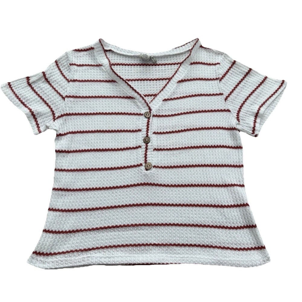 Paper Crane Junior's‎ Crop Top White Maroon Stripes Waffle Knit Buttons Large